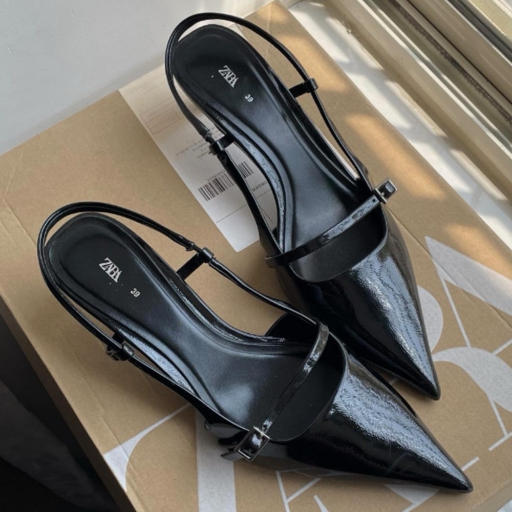 Zara Black Patent Pointed Slingback Pumps